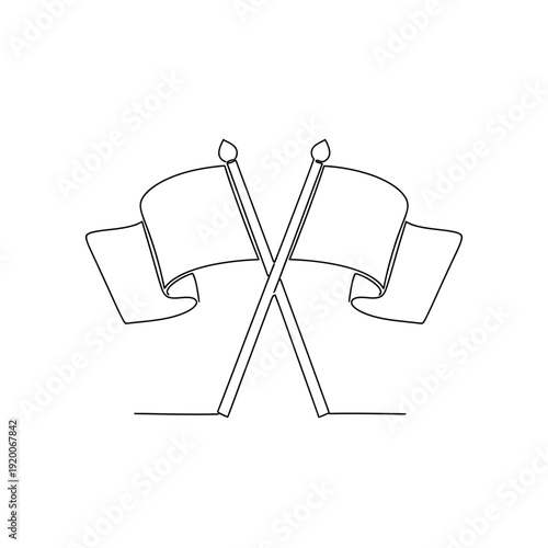 Two crossed flags on poles in continuous line art, symbolizing alliance or competition