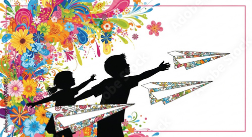 Silhouettes of two joyful children flying colorful triangular bunting flags amidst vibrant floral decorations