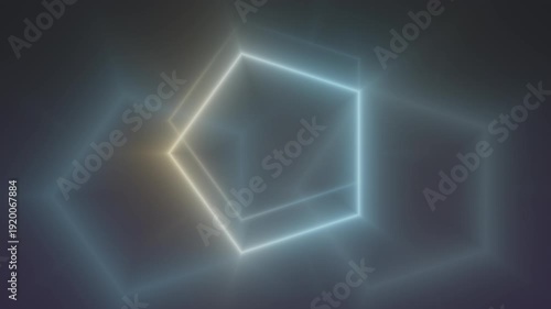 Neon shapes interconnect, glowing lines pulse, pentagons and rings shimmer