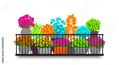 Vibrant colorful potted plants on a balcony with black railing flowers in various pots urban gardening home decor plant arrangement