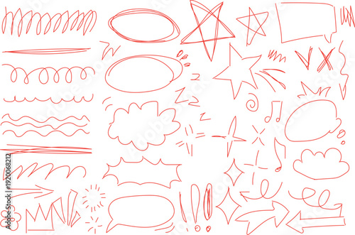  collection of hand-drawn red doodle elements, often used for highlighting or annotation. 