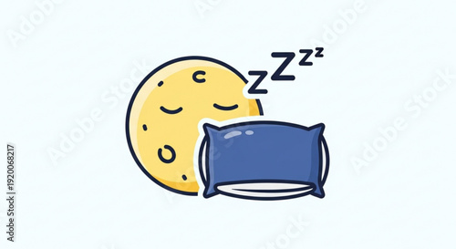 Sleepy moon leans on blue pillow with zzz symbols floating above in calming night scene