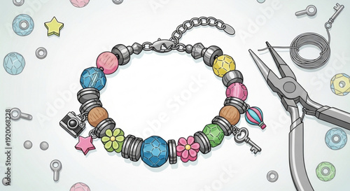 Colorful beaded charm bracelet with jewelry making tools and supplies on a white background