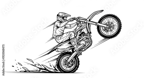 Motorcyclist performing a wheelie on a dirt bike.