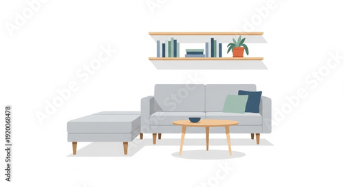 Modern living room with sofa ottoman and coffee table.