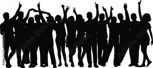 Cheering crowd silhouette set, group of people with hands raised in celebration, audience fans at concert or sports event illustration.