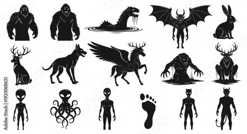 Collection of mythical creatures and monsters silhouettes.