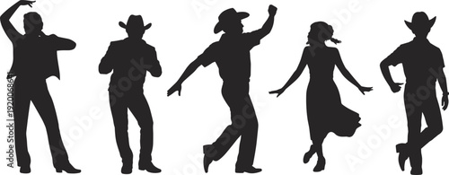 Cowboy and cowgirl dancing silhouette set, country western dancers in hats, line dancing and party poses for festive event design.