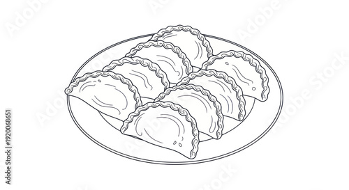 Hand-drawn illustration of dumplings on a plate, simple line art, food drawing