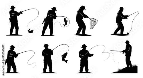 Fisherman Silhouette Collection: Casting, Catching, Netting and Releasing Fish