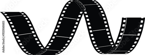 Curved film strip silhouette vector, twisted 35mm movie roll illustration, cinema and photography reel design element for film production projects.