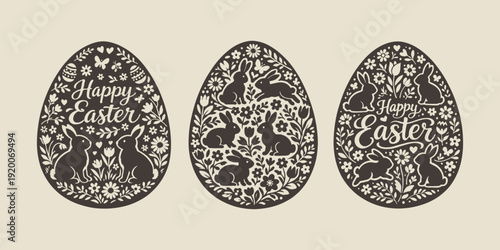 Decorative Easter egg silhouettes filled with bunny and floral motifs, classic cutout style on beige background, celebrating spring and Easter