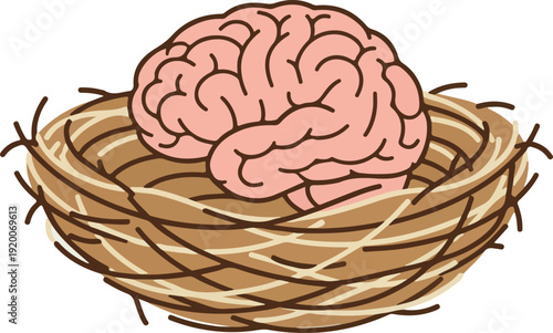 Human Brain Resting in Bird Nest Nurturing Mind and Mental Health Concept