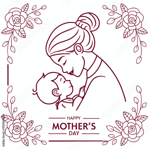 Mother Kissing Baby on Mothers Day with Floral Frame Line Art