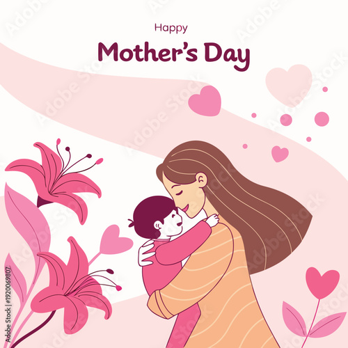 Mother Hugging Baby on Mothers Day with Pink Flowers