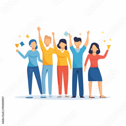 Group of Diverse People Celebrating Success with Confetti and Drinks.