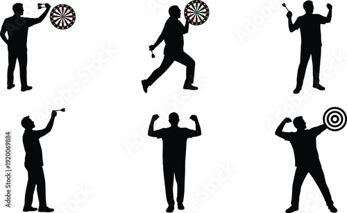 Man playing darts silhouette set, male figure throwing dart at target board, winner celebration poses, sports and recreation vector illustration.