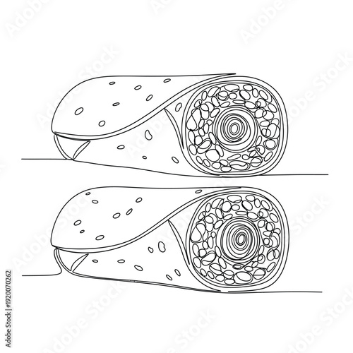 Two Delicious Burritos with Fillings - Continuous Line Drawing Illustration