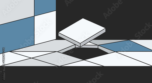 Abstract geometric composition with floating tile and hole.