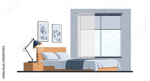 Modern Bedroom Interior Design With Comfortable Bed And Lamp.