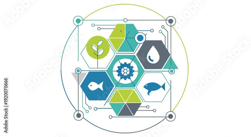 Abstract Hexagonal Network of Icons Representing Ecology and Technology.