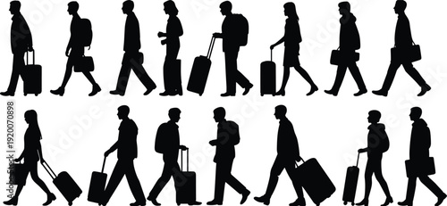 Traveler silhouettes set, people walking with suitcases and backpacks, men and women travelers with luggage for airport and tourism design.