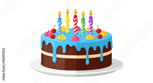 A delightful chocolate birthday cake with a vivid blue dripping glaze, decorated with sweet cherries, colorful frosting dollops, and five bright, striped candles burning cheerfully on a white platter