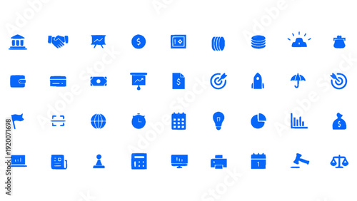 Business and office icon collection in clean blue style. Features workspace tools, communication elements, management symbols, productivity icons, and corporate concepts.