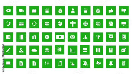 Comprehensive green web and interface icon set arranged in square flat style. Includes media controls, communication, settings, navigation, files, and digital tools.