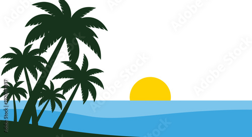 Tropical Palm Trees Silhouette at Sunset Over Ocean Horizon