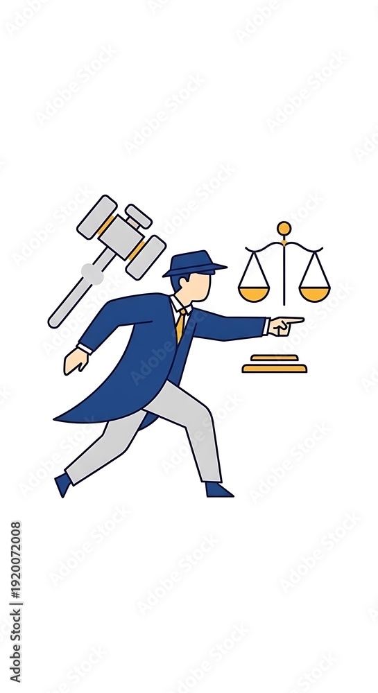 Obraz premium A man in a blue coat holding a gavel and scales of justice, running forward with a purposeful stride
