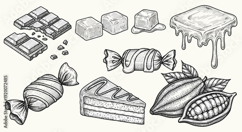 A detailed black and white illustration of various chocolate confections, including bars, candies, a slice of cake, and cocoa beans.