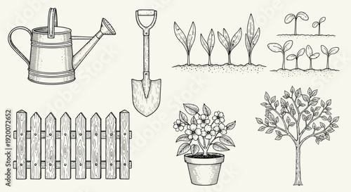 A collection of hand-drawn illustrations depicting various gardening tools and elements, including a watering can, shovel, fence, potted plant, and young seedlings.