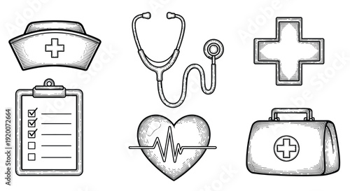 A collection of hand-drawn medical icons including a nurse's cap, stethoscope, medical cross, clipboard, heart monitor, and first aid kit.