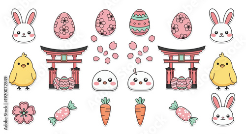 A collection of cute Japanese-inspired Easter elements including bunnies, chicks, decorated eggs, and torii gates.