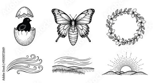 A collection of six hand-drawn black and white illustrations featuring a chick hatching from an egg, a butterfly, a floral wreath, waves, rolling hills, and a sunrise.