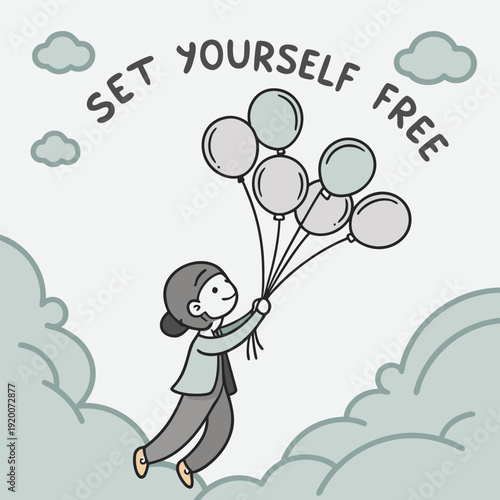 a character releasing heavy stone balloons that float upward once freed, symbolic cartoon style, soft sky background, include text ‘SET YOURSELF FREE’”