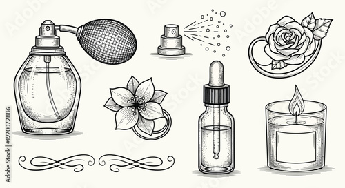 A collection of vintage-style illustrations featuring perfume bottles, a rose, a flower, a dropper bottle, and a lit candle.