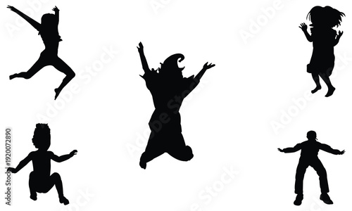 Set of jumping children silhouettes collection on white background five kids figures in motion active childhood play concept black shadow shapes jumping high in air playful mood
