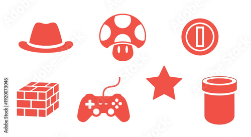 A collection of red icons representing elements from classic video games, including a mushroom, coin, brick block, and controller.