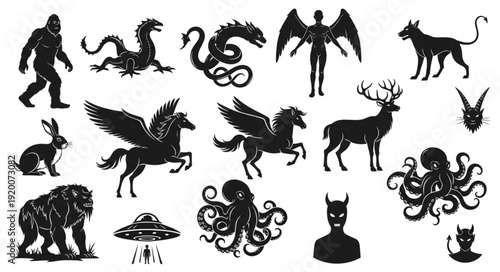 Collection of mythical creatures and fantasy beings silhouettes.