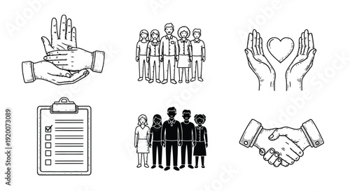 A collection of six black and white line art icons representing teamwork, community, support, and agreement.