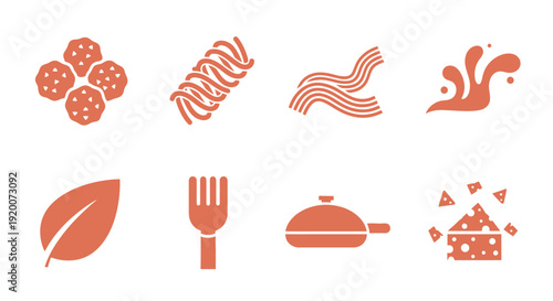 A collection of eight orange icons representing various food ingredients and cooking elements.