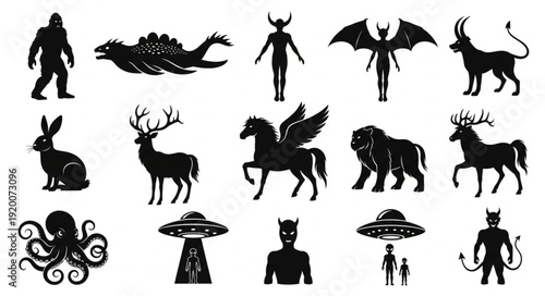 Collection of mythical creatures and fantasy beings silhouettes.
