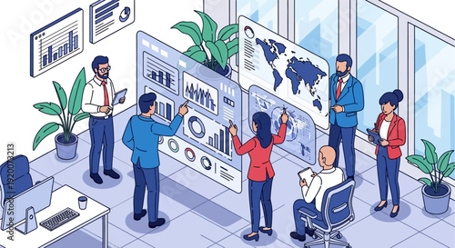 Isometric illustration of a business team collaborating and analyzing data on large interactive screens with charts, graphs, and a world map in a modern office.