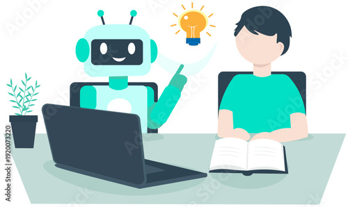 AI Learning Assistant Helping Student With Laptop Flat Vector Illustration