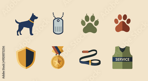 A collection of vector icons representing military service dogs, including a dog, dog tags, paw prints, a shield, a medal, a leash, and a service vest.