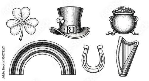 A collection of St. Patrick's Day symbols including a shamrock, leprechaun hat, pot of gold, rainbow, horseshoe, and harp, rendered in a vintage illustration style.