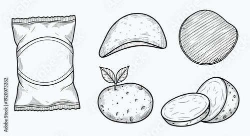 A collection of hand-drawn illustrations depicting potato chips, a whole potato with leaves, and sliced potatoes, alongside an empty chip bag.