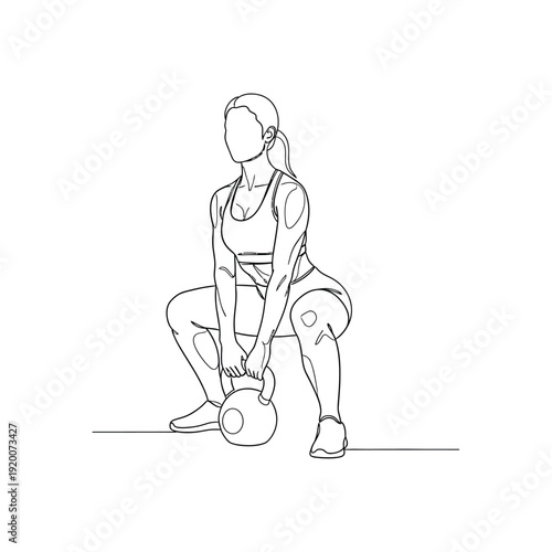 Single line drawing of woman doing kettlebell squat